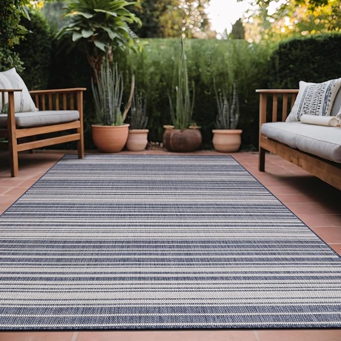 Luul Home Stripe Outdoor Rug 8x10 Washable Outside Carpet for Indoor Patio Porch Waterproof Easy Cleaning Non Shedding Area Rugs Blue 8 x 10