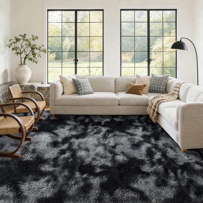 Large Shaggy 6x9 Area Rugs for Living Room Decor, Non-Slip Tie-Dyed Rugs for Bedroom Kids Playroom Dorm Room, High Pile Ultra Soft Carpet, Dark Grey