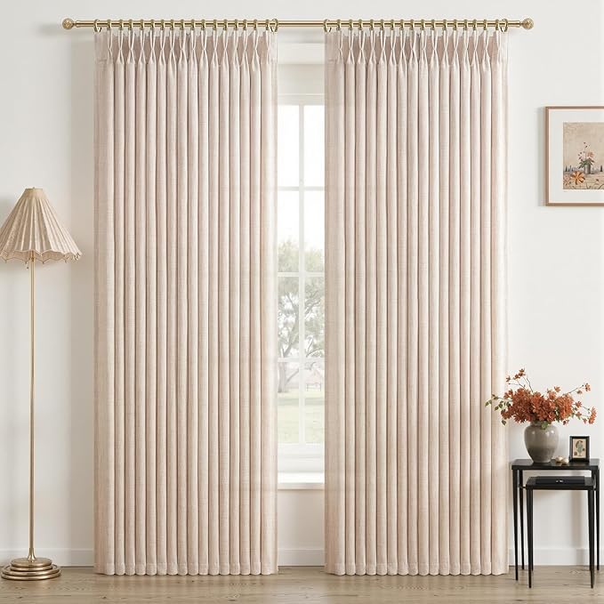 102 Inch Extra Long Pinch Pleated Curtains for Nursery/Kids Room, Natural Linen Memory Shape Light Filtering Privacy Rustic Curtain Semi Sheer Drapes 2 Panels Set Elegant Decor Windows Burg