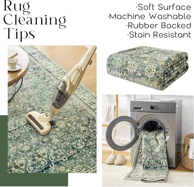 Blue and Green 5x7 Area Rugs for Living Room Christmas Low Pile Soft Moody Floral Rug with Washable Non Slip Boho Vintage Oriental Indoor Carpet for Bedroom Dining Room,5 by 7,Teal