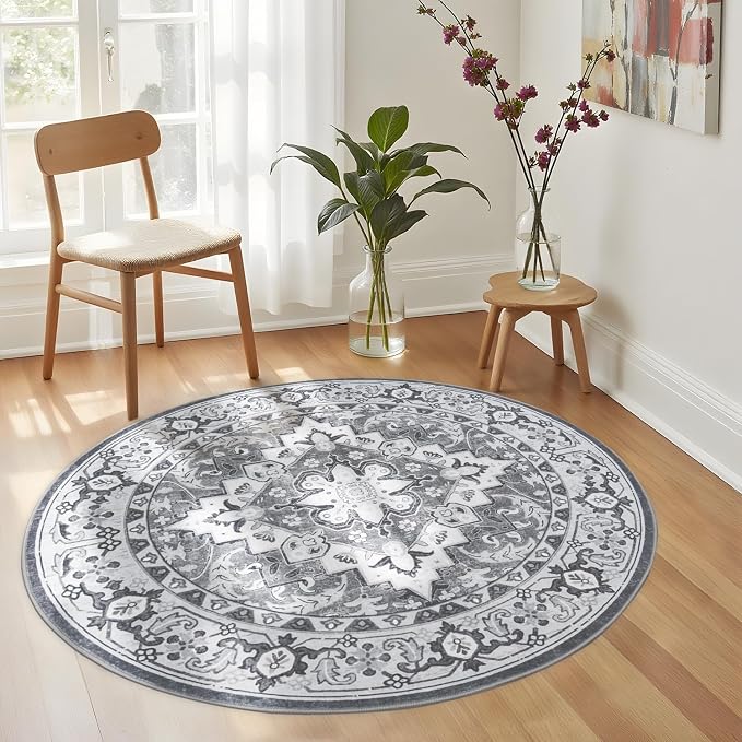 Lessymo 4FT Washable Round Area Rugs for Living Room, Non Slip Circle Rugs Low Pile Vintage Carpet for Bedroom, Dining Room, Nursery, Home Office, Grey Beige