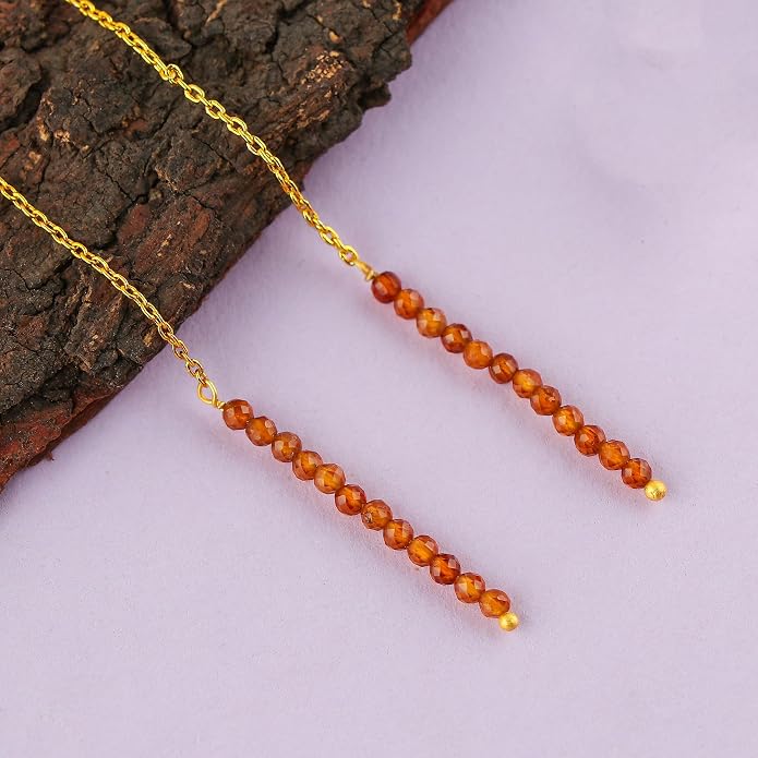 Natural Gemstone Threader Earrings for Women - Dainty 2mm Faceted Beads - Birthstone Crystal Drop Earrings - Silver Plated Healing Jewelry