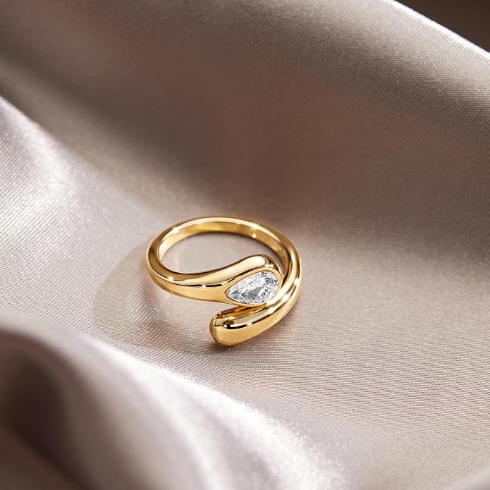 Non Tarnish Gold Chunky Rings for Women, 14K Gold Plated Statement Dome Rings Stacking Silver, Adjustable Mens Eternity Wedding Band Mixed Metal Jewelry Size 3-13