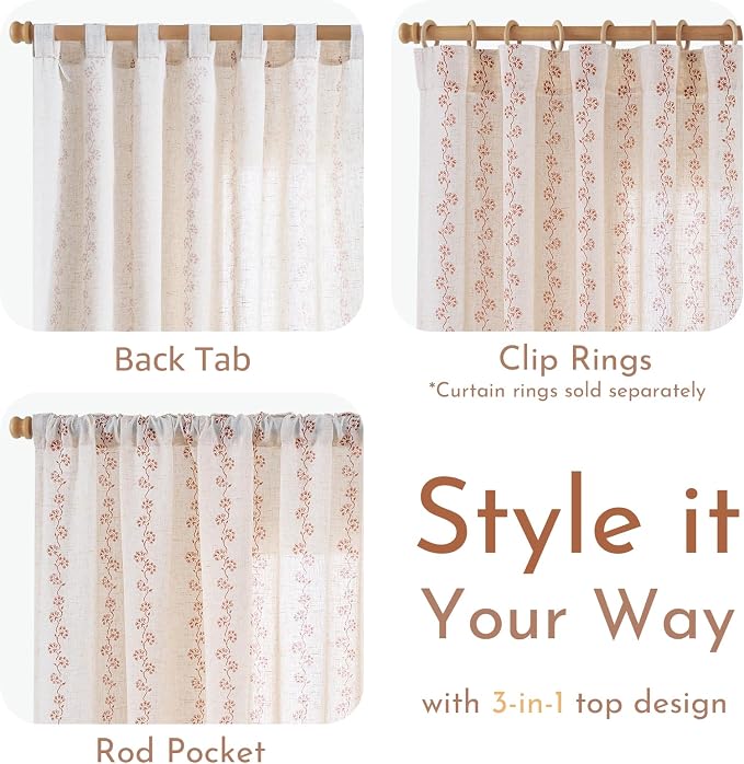 Lazzzy Cathy Linen Floral Curtains for Living Room Privacy Curtains 96 inch Length Set of 2 for Bedroom Rod Pocket Back Tab Light Filtering Drapes Cottage Core Decor 50"x96" Terracotta on Linen