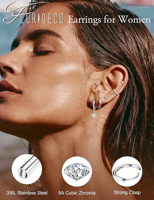 Florideco Hypoallergenic Flat Back Earrings Gold Cartilage Earring Sets for Multiple Piercing Surgical Stainless Steel Earrings for Women Trendy Earring Stacks Small Hoops Flat Back Stud Earrings