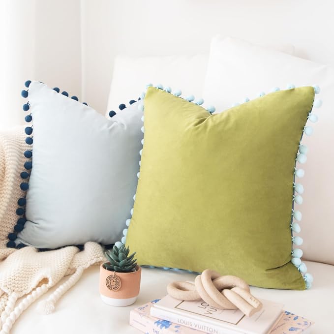 MONDAY MOOSE Decorative Throw Pillow Covers Cushion Cases, Set of 2 Soft Velvet Pom Poms Double-Sided Designs, Mix and Match for Home Decor, Pillow Inserts Not Included (16x16 inch, Green/Blue)