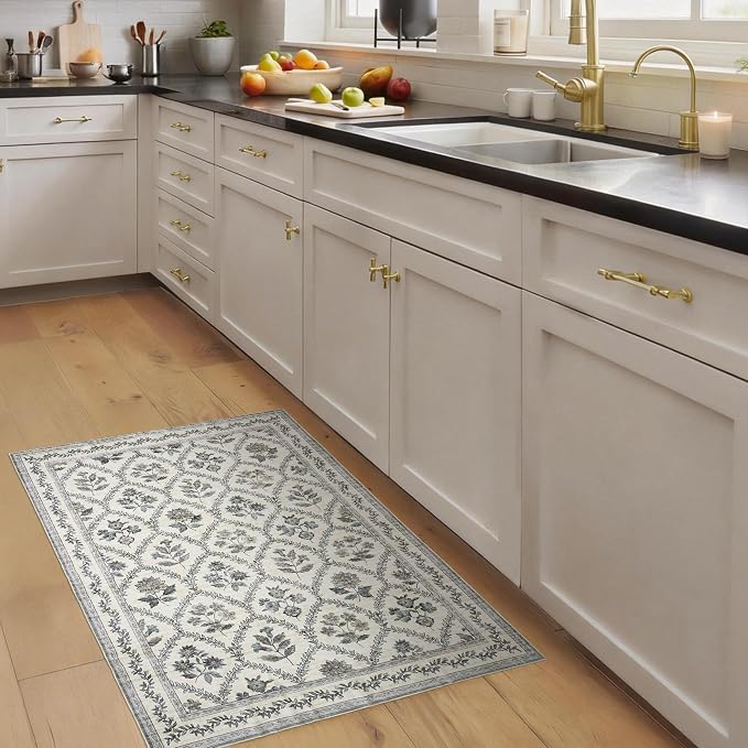 Bluish Green Floral Area Rug for Entryway Rug 2x3 Washable Small Mat Low Pile Non Slip Entry Soft Farmhouse Indoor Entrance Door Mat for Kitchen Bedroom Home Office Blue and White