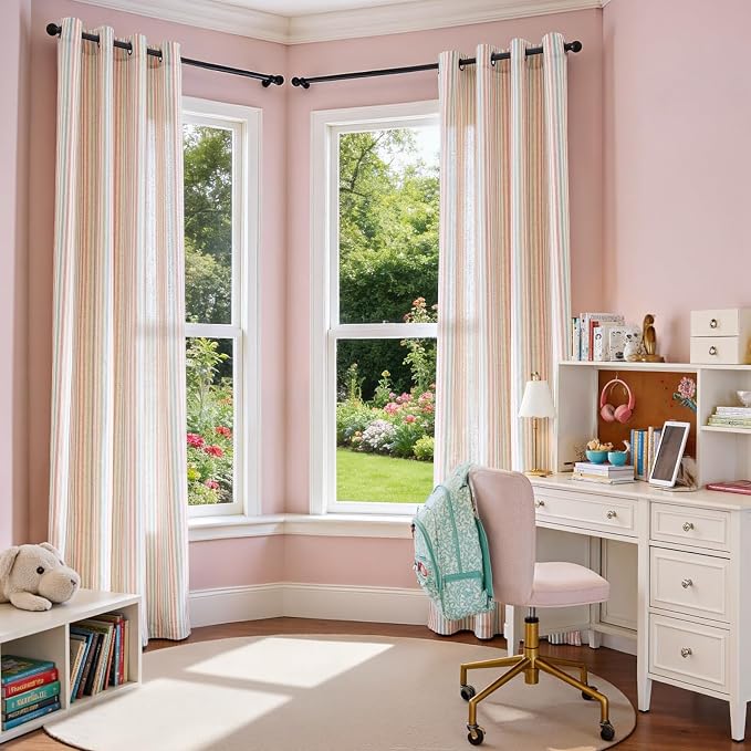 Vangao Linen Stripe Nursery Curtains for Kids Tickingstripe Light Filtering Window Curtains Colorful Pink Pinstripe Printed Drapes 96 Inches Long for Living Room Girls Bedroom Dorm 2 Panels