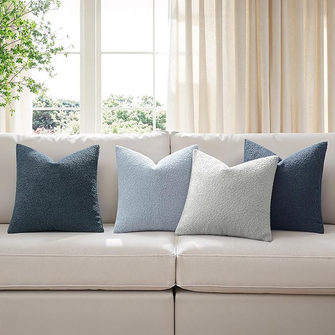 MIULEE Decorative Boucle Throw Pillow Covers 20x20 Inch Blue Set of 4 | Neutral Textured Accent Pillow Cases Soft Couch Cushion Covers for Modern Farmhouse Boho Sofa Bed Livingroom Home Decor