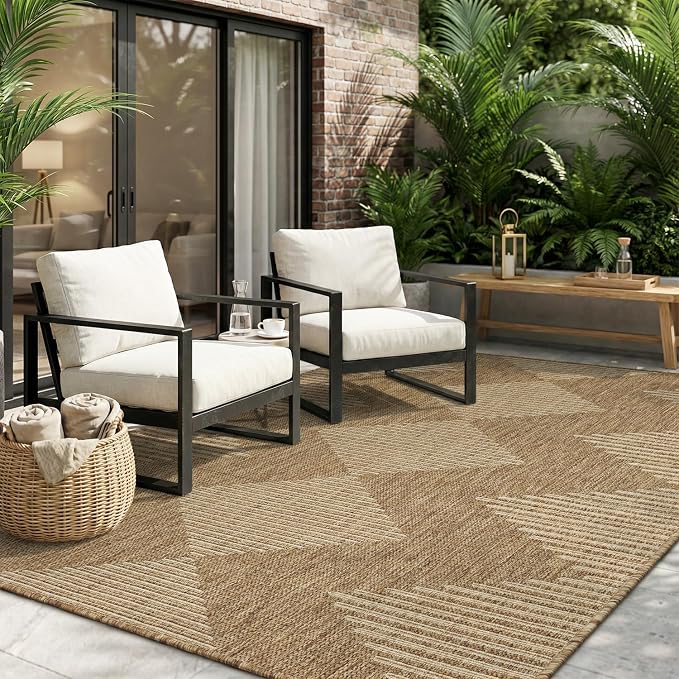 MontVoo-Outdoor Rug Carpet Patio Rug 6x9 ft Polypropylene Indoor Outdoor Rugs for Patio Deck Balcony Porch, Textured Weave, Durable for High Traffic, Fade-Resistant, Boho Geometric Neutral Brown