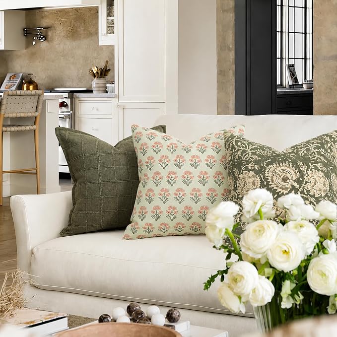 Farmhouse Floral Pillow Covers 20x20 Set of 2, Country Botanical Throw Pillow Cover for Sofa Couch Bed Living Room, Earthic Vintage Flower Cushion Covers Cottage Home Decor,Sage Bloom