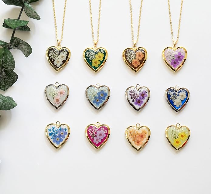 Handmade Heart Shaped Dried Pressed Forget Me Not Flower Photo Locket Pendant Necklace