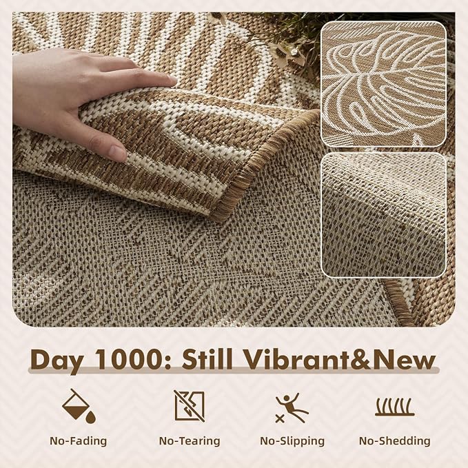MontVoo-Outdoor Rug-Patio Rug 5x7 ft Polypropylene Indoor Outdoor Rugs Outdoor Carpet for Patio Deck Balcony Porch, Textured Weave, Durable for High Traffic, Fade-Resistant, Tropical Neutral Brown