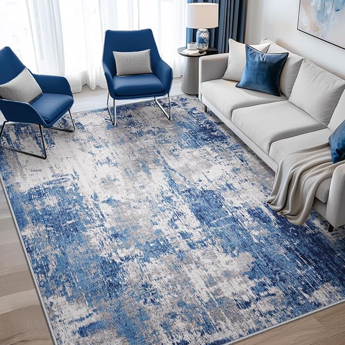 RELEANY Washable Area Rugs 4'x5' Non-Slip Modern Abstract Soft for Living Room Entryway Bedroom Kitchen, Print Pattern, Blue Grey Navy Gray