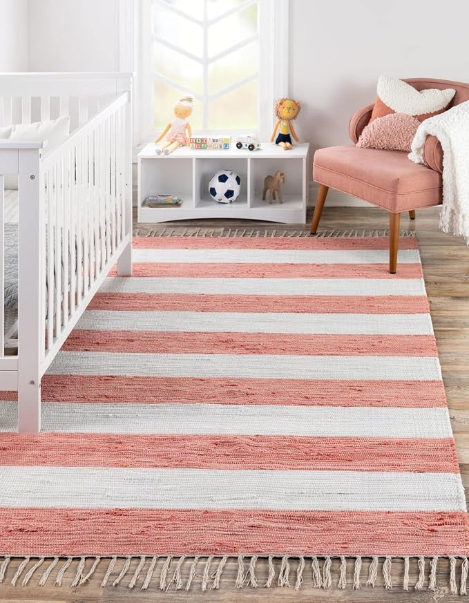 Unique Loom Chindi Rag Collection Area Rug - Striped (9' x 12' 2" Rectangle, Coral and Ivory)