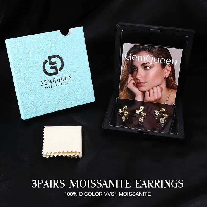 GEMQUEEN 3/4 Pairs Moissanite Earrings Studs 14K Gold Plated S925 Sterling Silver Flat Back Earring for Women Men - Hypoallergenic Set Cartilage Helix Piercing Jewelry Trendy D Color VVS1