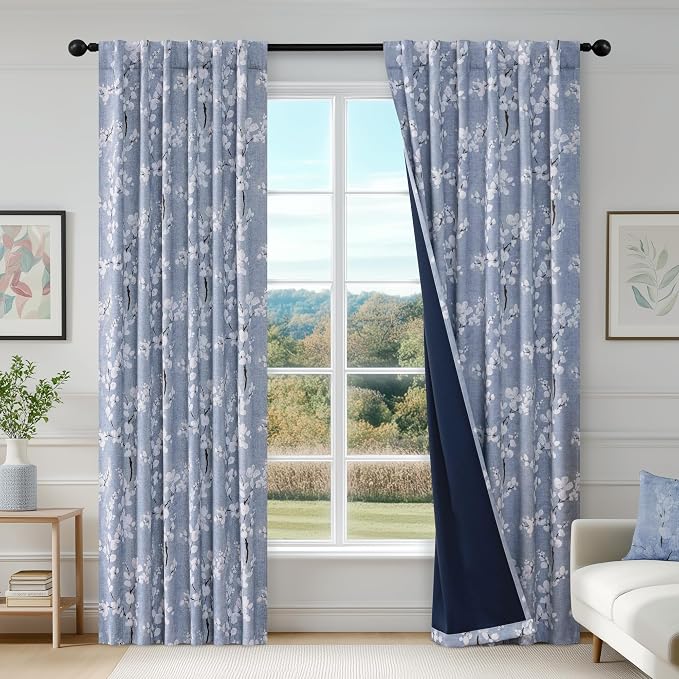 FMFUNCTEX 100% Blackout Blue Floral Curtains 96 Inch Rod Pocket 2 Panels | Black Out Drapes, Thermal Insulated Cottage Farmhouse, Blossom Flower Patterned Curtain for Bedroom, Living Room Darkening