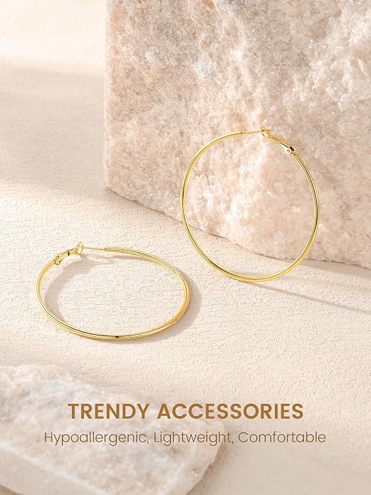 KeyStyle Gold Hoop Earrings for Women, Stainless Steel Hoops Earring Lightweight Loops, 2 mm Thick Hypoallergenic Circle Endless Thin Hoop (20/30/40/50/60/70/80/90/mm)