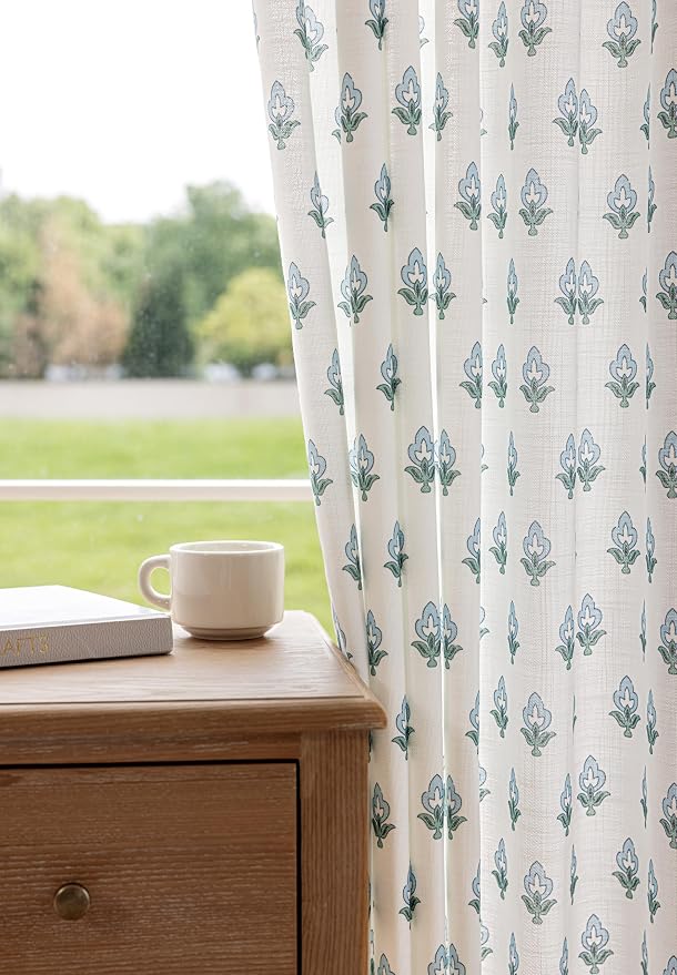 DrapePalette - Linen Blend Pinch Pleated Curtains 96 Inches Long for Living Room, Bedroom, Dining Room, Light Filtering Curtains 2 Panels Set, Modern Floral Printed Design, Indigo Bud, 30" W x 96" L