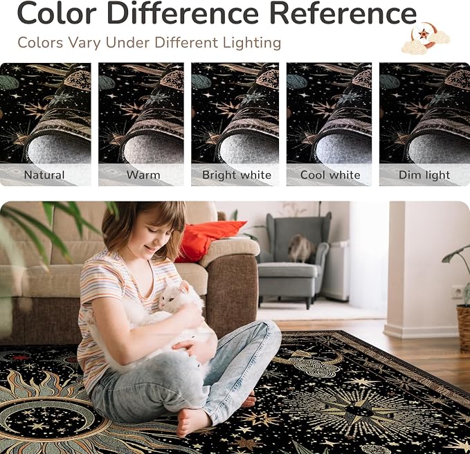 Vacuum-Friendly, Round 4ft Washable Area Rug, Black Green Beige | Sun and Moon Boho Gothic Non-Slip Low Pile Living Roon Bedroom Dining Room Kitchen Entry Entryway Entrance Hallway Doormat