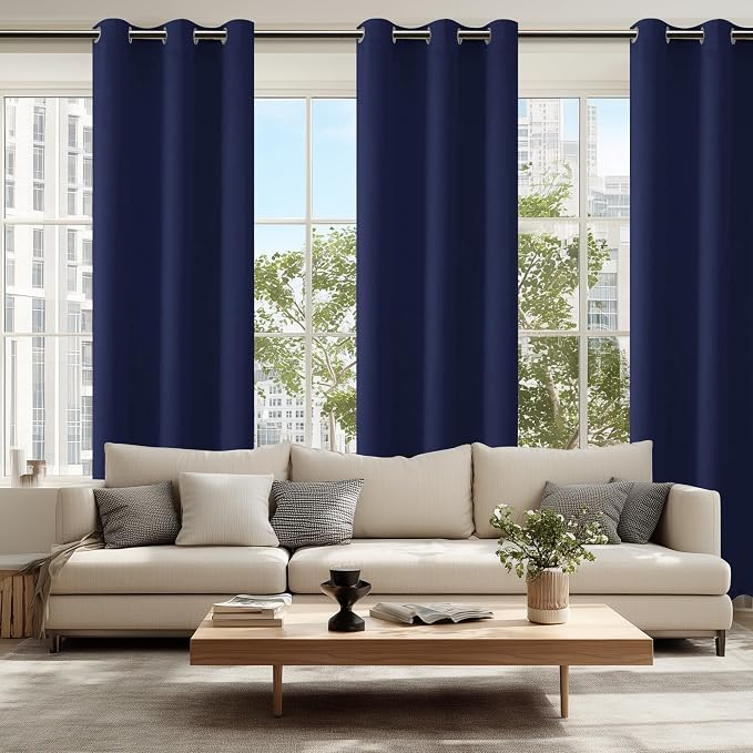 Hiasan Blackout Curtains for Bedroom, 42 x 84 Inches Long - Thermal Insulated & Light Blocking Window Curtains for Living Room, 2 Drape Panels Sewn with Tiebacks, Navy Blue