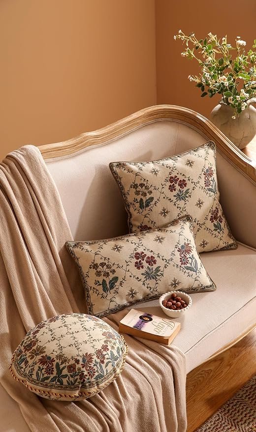 patdrea French Vintage Linen Throw Pillow Cover,Set of 4-Audrey | Decorative Pillow Case with Zipper,Brown Floral Pattern,Pillow Cover for Couch Living Room Bedroom Sofa