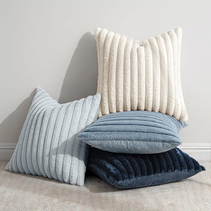 MIULEE Faux Fur Plush Decorative Throw Pillow Covers 20x20 Set of 4, Spring Modern Soft Fuzzy Coastal Striped Cushion Covers for Sofa Couch Bed Living Room Cozy Home Decor,Navy Blue