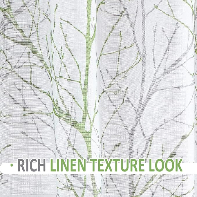 FMFUNCTEX Linen Sage Green White Semi Sheer Print Curtains 45 Inch 2 Panels | Short Sheer Branch Patterned Drapes, Light Filtering Grommet Panels for Kitchen, Bathroom, Cafe Windows and Farmhouse Curtain