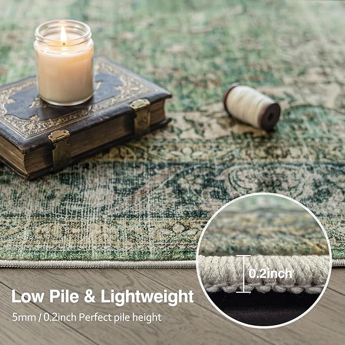 FMFUNCTEX 8x10 Green Washable Area Rug Vintage Distressed Oriental Non Slip Low Pile Neutral Indoor Carpet for Living Room Bedroom Soft Retro Floral Thin Large Rug for Dining Nursery Office Dorm