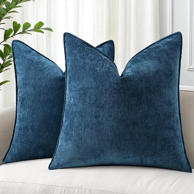 decorUhome Chenille Poseidon Velvet Throw Pillow Covers 22x22 Set of 2 | Fall Soft Euro Sham Couch Decorative Modern Farmhouse Pillow Cases with Elegant Design for Sofa Bed Living Room Home Decor