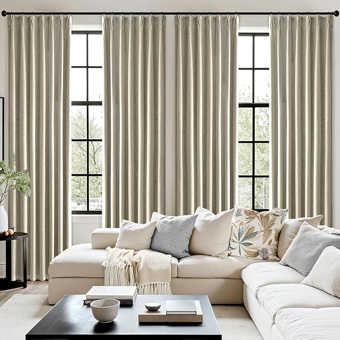 MIULEE Burlywood Birch Pinch Pleated 100% Blackout Linen Curtains for Bedroom, Room Darkening Memory Trained Window Curtains 90 inches Long for Living Room, Black Out Pleat Drapes, 2 Panels