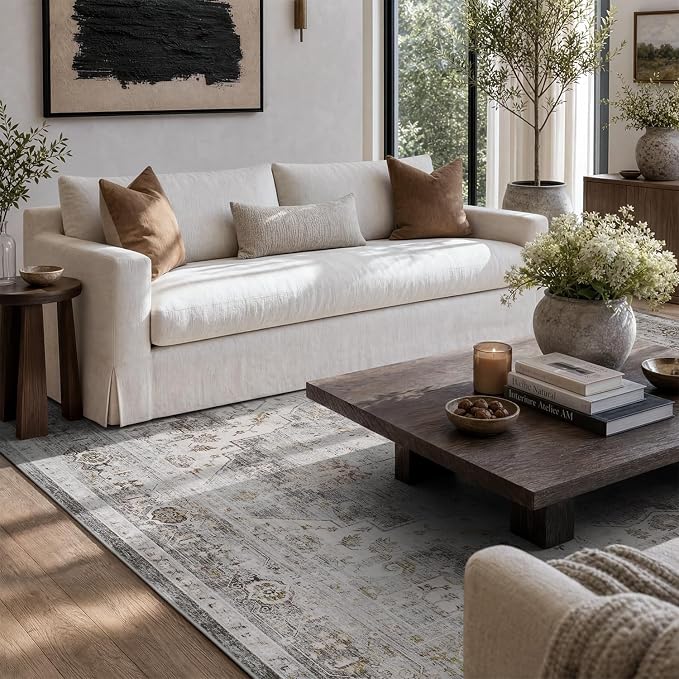 AMOAMI-Area Rug 8X10 Rugs for Living Room-Vintage Soft Grey Rugs for Bedroom-Non Slip Carpet-Washable Rug for Dining Room Living Room Bedroom Office Under Table
