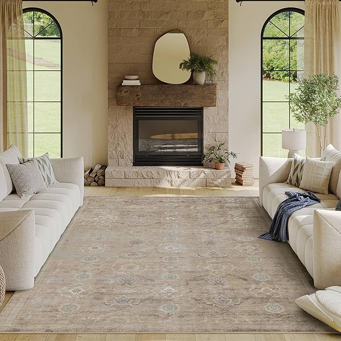 Rugxara Beige 6x9 Area Rugs Washable Rug for Living Room Dining Bedroom | Non Slip, Rug for Office Farmhouse Kids Room, Stain Resistant, Soft, Low Pile, Vintage Boho Floral Retro Carpet, Home Decor