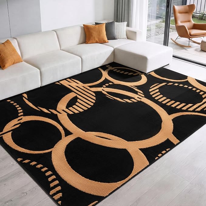 YIHOUSE Black and Gold Washable 5x7 Area Rugs for Living Room Non Slip | Modern 3D Textured Rug for Bedroom Entryway, High and Low Pile, Soft Carpet for Dining Room Playroom Home Office Decor