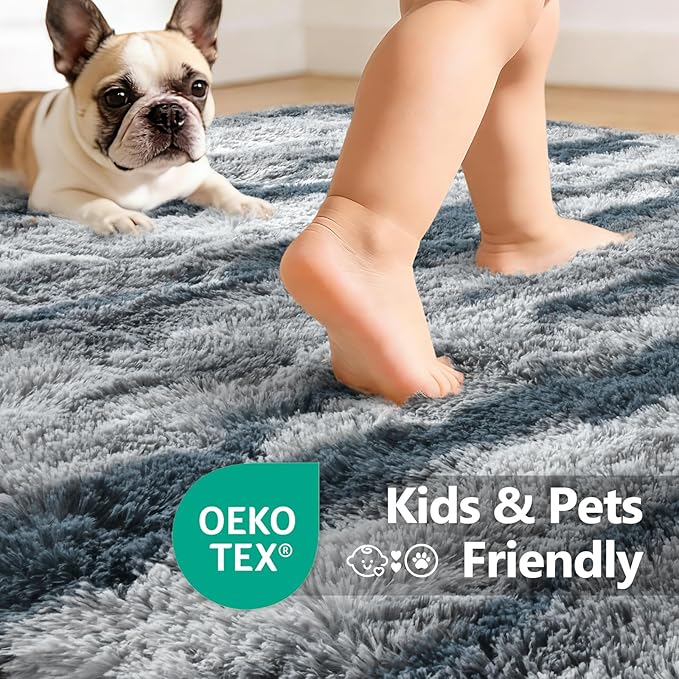 Extra Large 8x10 Area Rugs for Living Room Decor, Non-Slip Shaggy Tie-Dyed Rugs for Bedroom Kids Playroom Dorm Room, High Pile Ultra Soft Carpet, Blue