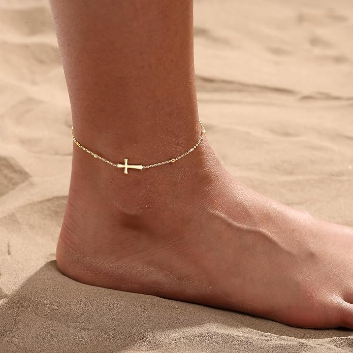 Ankle Bracelets for Women 14K Gold/Silver Plated Cross Heart Bead Anklet Waterproof Adjustable Chain Non Tarnish Cute Boho Trendy Dainty Summer Beach Foot Jewelry Gift for Her