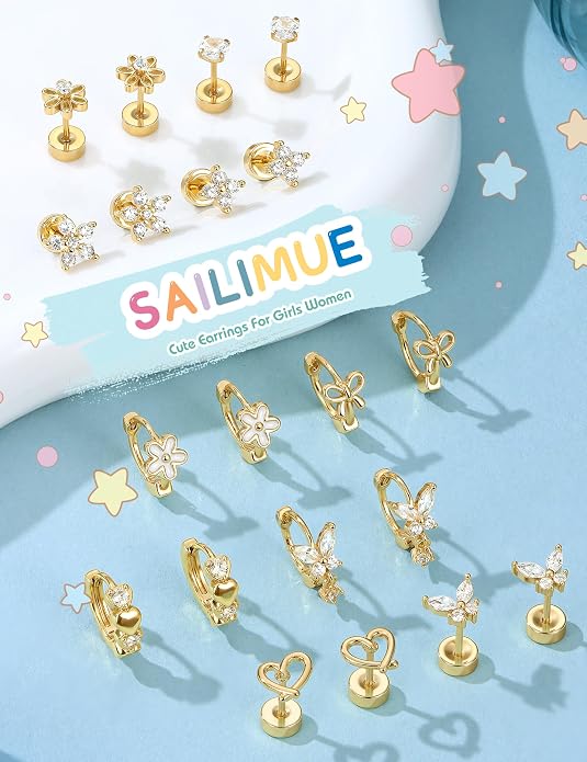 SAILIMUE Hypoallergenic Flat Back Earrings for Girls Women - Cute Toddler Kids Earrings Set Surgical Stainless Steel Earring for Sensitive Ears Small 14K Gold Plated Stud Hoop Earring Stacks