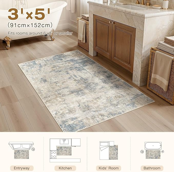 cotiled 3x5 Washable Rug Abstract Soft Non Slip Entryway Rugs | Stain Resistant, Robot Vacuum & Pet Friendly, Low-pile, For Living Room, Bedroom, Dining Table, Nursery Light Blue