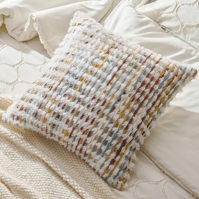 AmHoo Boho Chenille Pillow Cover Decorative Tufted Pillowcase for Couch Bed Sofa Bedroom Living Room Modern 18 x 18-Inch Brown White