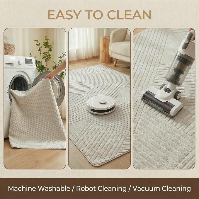 5x7 Beige Solid Geometric Area Rugs for Living Room Bedroom, Washable | High-Low Pile Textured Carpet, Ultra Soft, Durable, Non-Slip, Fluffy Floor Rugs for Bedroom, Kids Room, Nursery, Home Décor