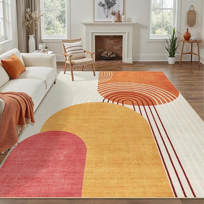DCX Abstract Machine Washable 10x12 Rug, Mid Century Modern Rug for Living Room, Soft Low Pile Non Slip Carpet, Kid & Pet Friendly Stain Resistant Rug for Bedroom Dining Room Office, Orange & Yellow