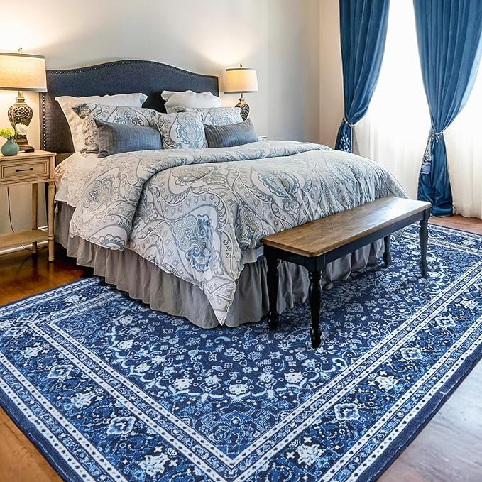 Lessymo Area Rugs 10 x 14 for Living Room, Machine Washable Area Rugs Boho Faux Wool Low Pile Area Rug for Bedroom, Floral Medallion Vintage Rugs with Non-Slip Rubber, Kid & Pet Friendly,Blue White