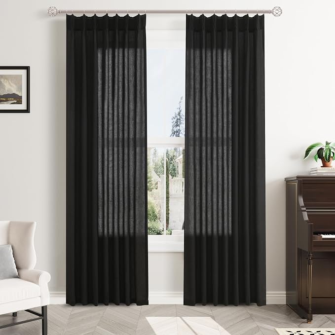 Aersas Linen Black Pinch Pleated 102 Inch Curtains 2 Panels for Living Room Modern Curtains 102 Inches Long Pinch Pleat Drape for Track System Light Filtering Semi Sheer Curtain for Dining Bedroom