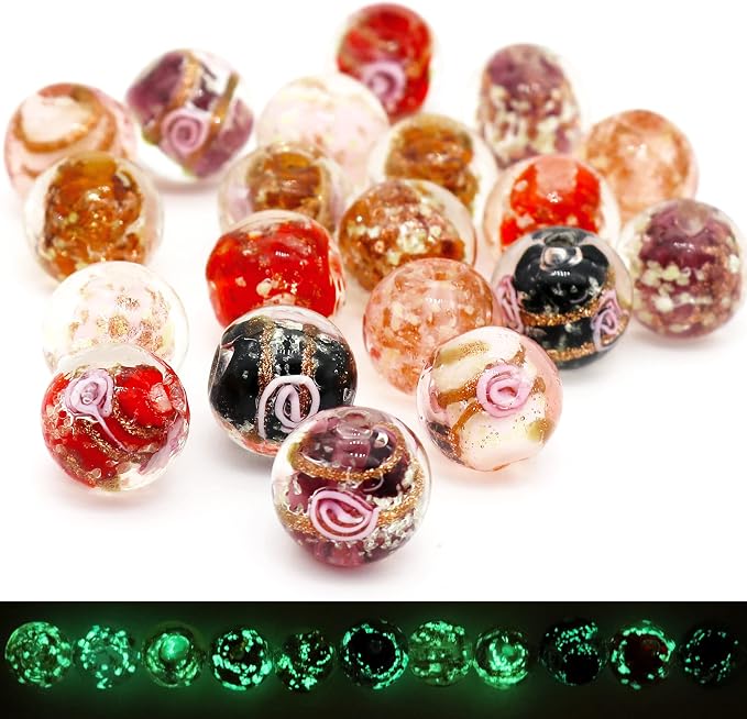 Artsy Crafts 60 Pcs Assorted Glow in The Dark Firefly Beads 12mm European Lampwork Luminous Glass Beads for Jewelry Making Charm Bracelet Necklace Earrings Crafts (Red Series 60pcs)