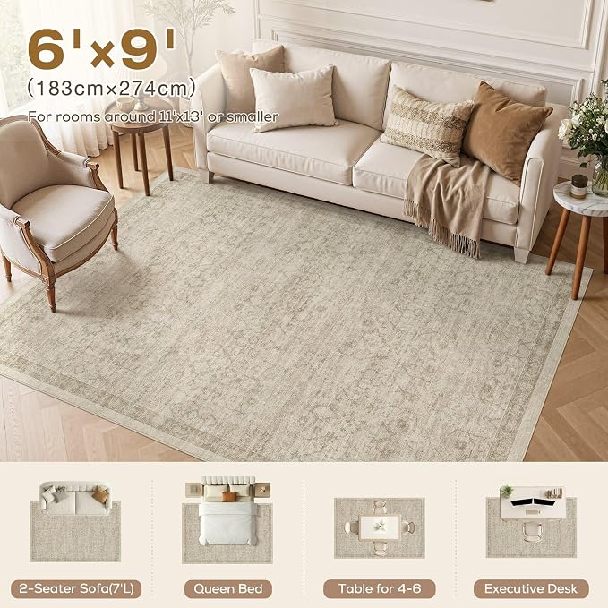 Nakagishi 6X9 Area Rugs Living Room: Washable Large Vintage Rug Neutral Non-Slip Soft Stain Resistant Indoor Carpet for Bedroom Nursery Dining Room Office Playroom - Vintage Brown