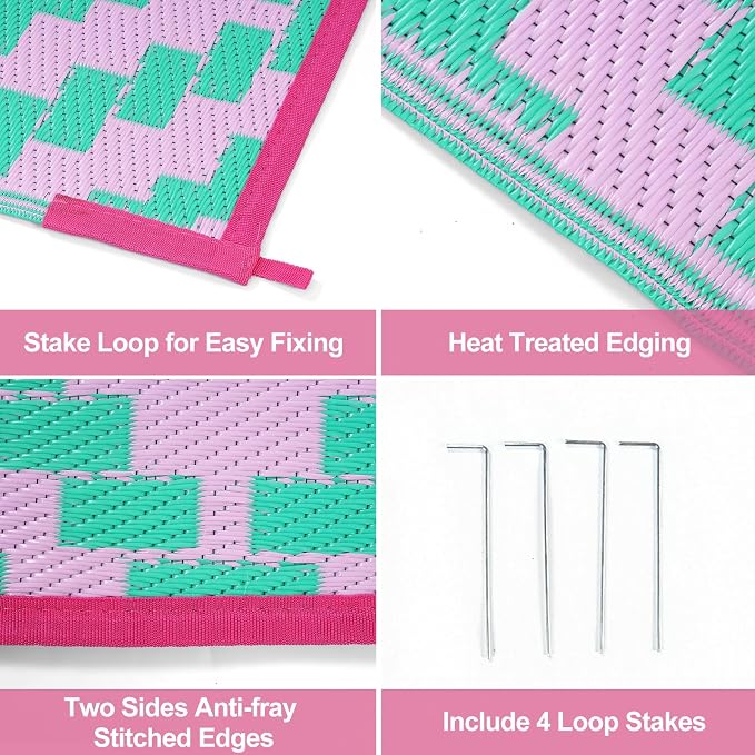 Anidaroel Ombre Outdoor Rugs for Patios Clearance Waterproof, 6x9 Reversible Geometric Plastic Straw Outside Area Rugs, RV Camping Mat for Balcony, Pool Deck, Picnic, Backgard(Green&Pink,6‘x9')