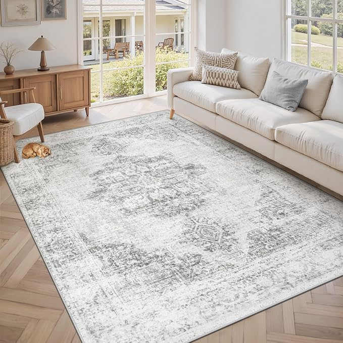 6X9 Area Rugs for Living Room, Washable Rugs Gray Vintage Medallion Non-Slip Soft Low Pile Rug Large Indoor Retro Carpet for Bedroom Dining Room Home Office Nursery Room(Gray,6'x9')