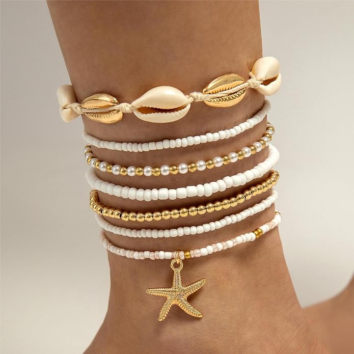 Boho Beaded Shell Anklet Bracelets for Women, 7 Pcs Layered Cowrie Shell & Colorful Beaded Ankle Bracelets with Gold Starfish Charm, Adjustable Summer Beach Foot Jewelry Gifts