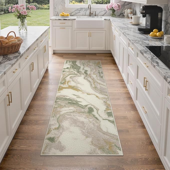 GENIMO Runner Rug Non Slip 2x6, Washable Rug Runner for Hallways Kitchen, Abstract Modern Kitchen Rugs, Low Pile Lightweight Carpet Runners for Entryway, Bedroom, Laundry, Green Pink