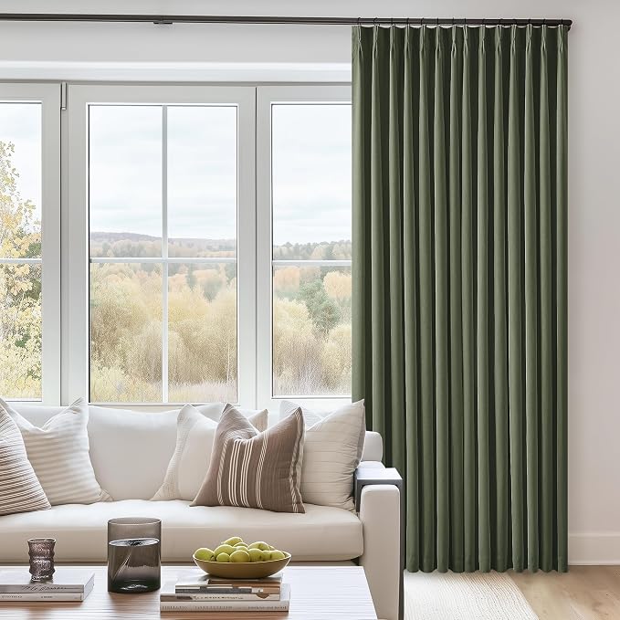 TWODRAPES Olive Green Blackout Linen Curtains 108 Inches Long Pinch Pleated | 100% Black Out Curtains Lined 2 Layers, Memory Shape, Noise Reducing, Room Darkening, for Living Room Window, 40x108 2 Panels